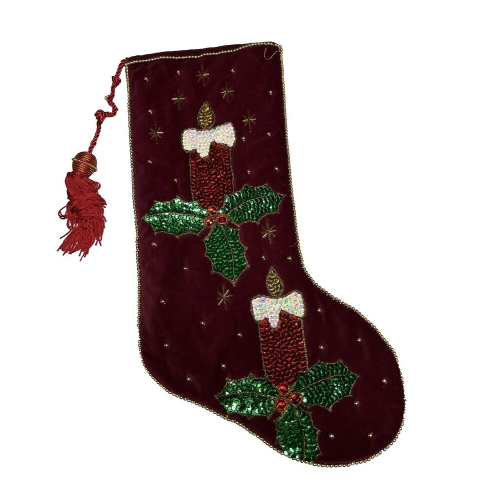International Silver Co. Christmas Stocking Red Velvet Sequined Candles